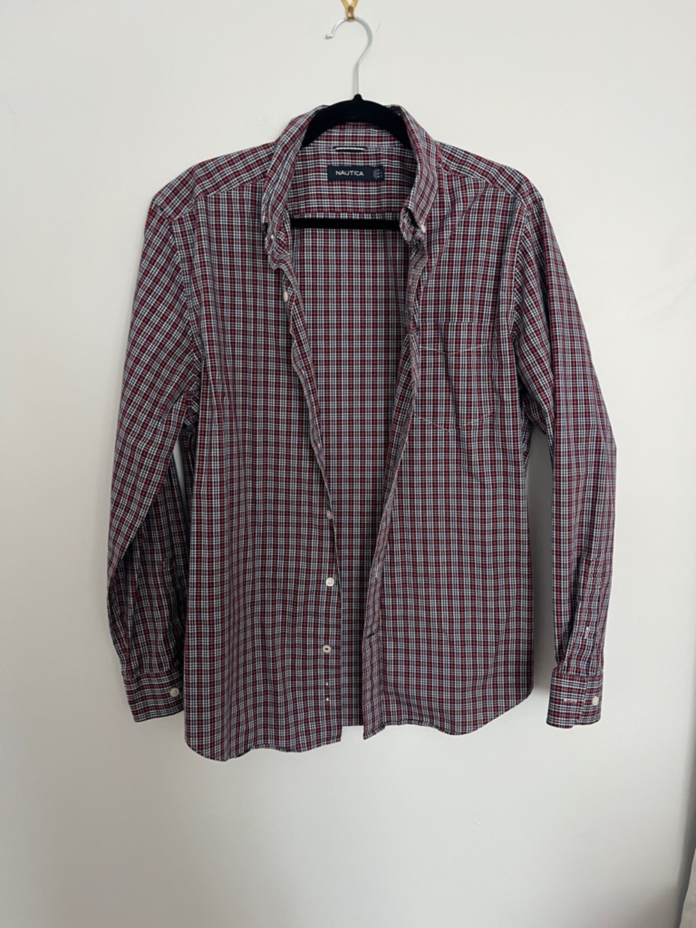 Nautica Men's Red and Blue Plaid Button-Down Shirt